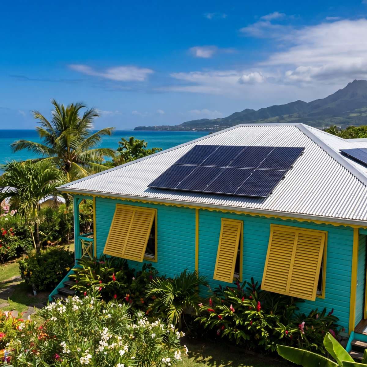 Illustration : case créole turquoise aux volets jaunes, une dizaine de panneaux photovoltaïques sur un toit de tôle grise, mer et morne en fond