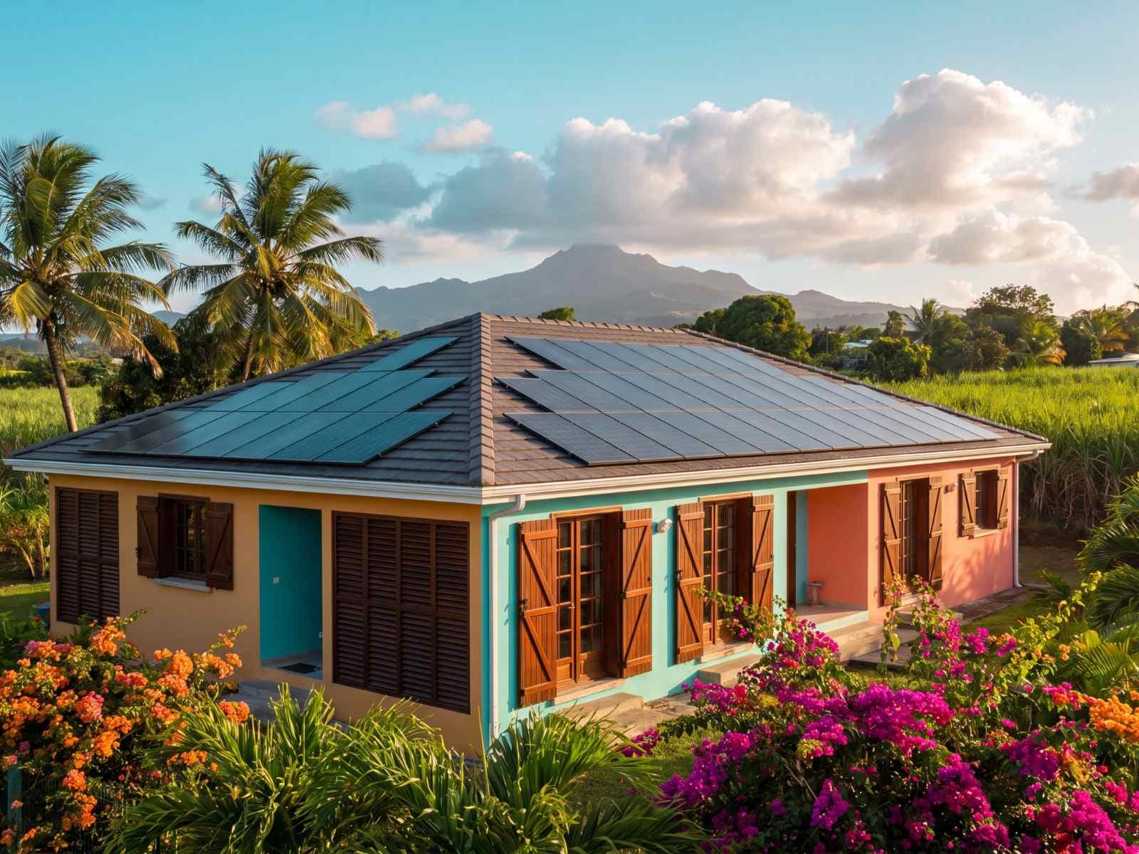 Illustration : maison créole aux volets bois et bougainvilliers, panneaux photovoltaïques sur le toit, morne en fond