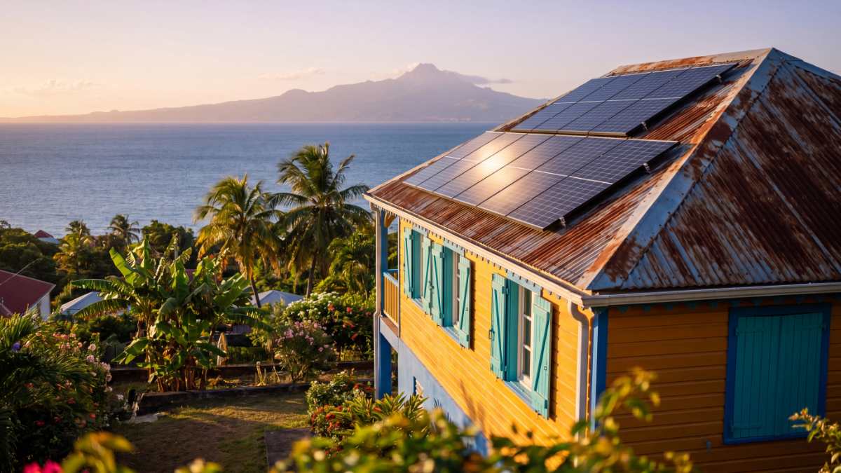 Panneaux solaires sur toit créole martiniquais — aides solaires Martinique 2026 (16:9)