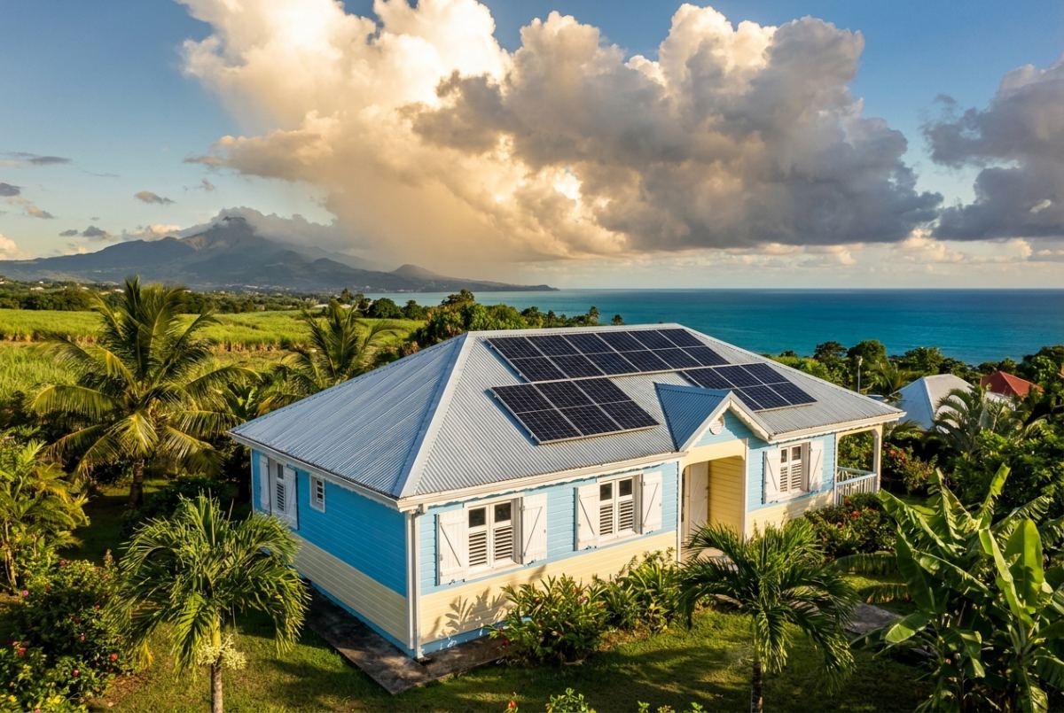 panneaux solaires martinique cyclone sur toit case créole Montagne Pelée