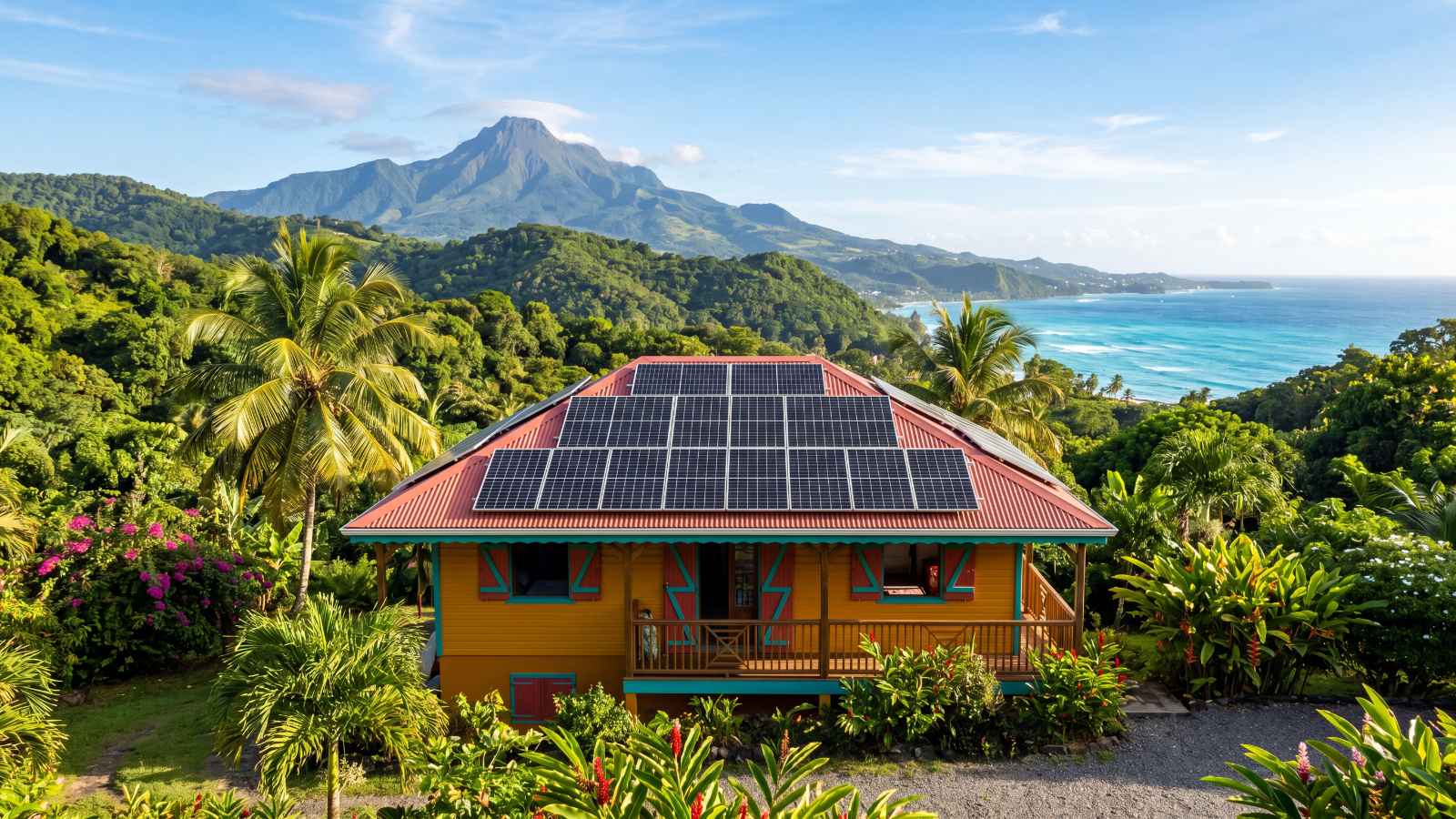 Centrale solaire en Martinique installée sur le toit en tôle d'une maison créole, Montagne Pelée en arrière-plan
