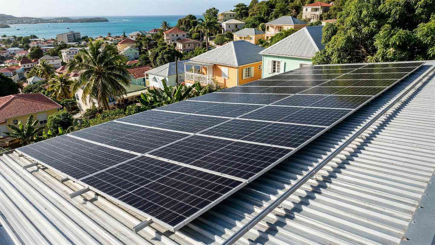 Installateur photovoltaïque à Schoelcher (972) — panneaux solaires FRH sur toiture tôle, baie de Fort-de-France