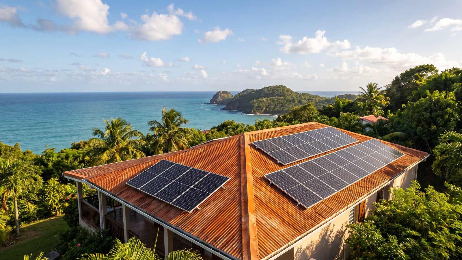 Installateur photovoltaïque Le Robert : panneaux solaires sur une toiture en tôle face à la mer, Martinique
